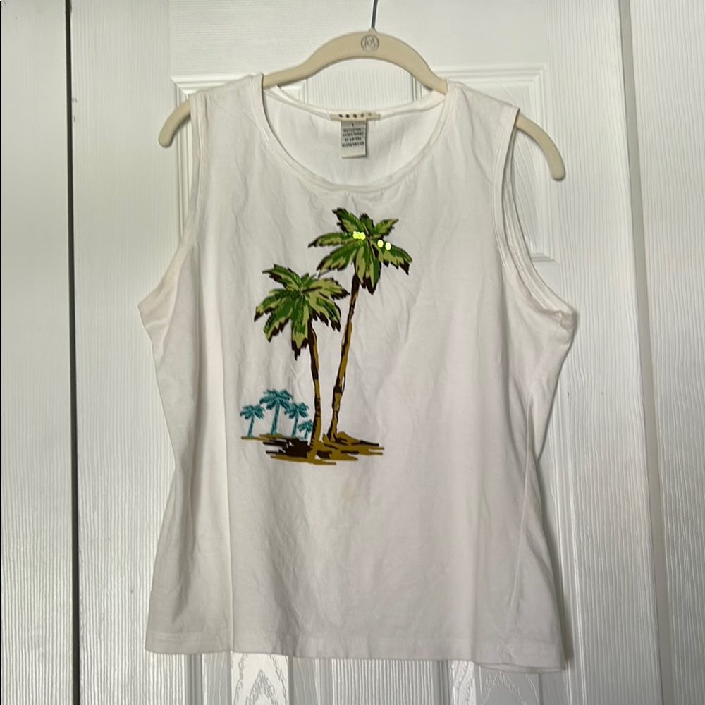 White Tank Top with Palm Tree Print